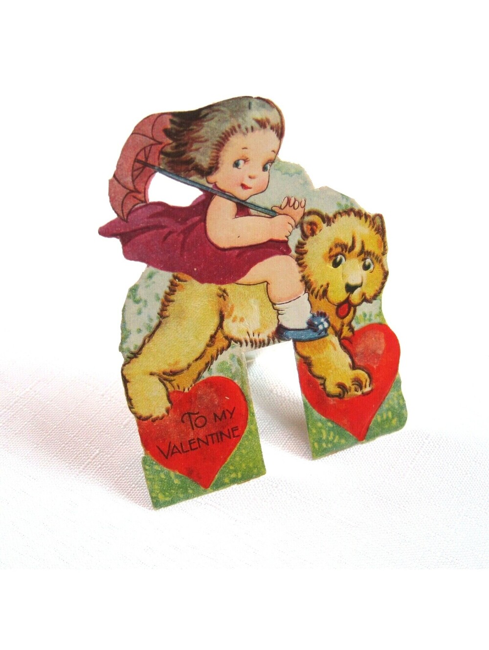 Vintage Valentine Die Cut Stand Up Girl w/ Umbrella Rides Bear Germany 1920s-30s